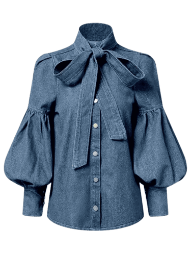 Fashion Blouse Women's Denim Puff Sleeve Tops For Urban Lady High Neck Shirts Tops Women -, Blouses , Drestiny , 10, 12, 14, 16, 4, 6, 8, Australia, Blouses, Casual Shirts, Dark Blue, Dress Shirts, FR, Grey, L, Light Blue, Long Sleeves, M, New Zealand, S, United Kingdom, United States, XL, XXL, XXXL , Drestiny , www.shopdrestiny.com